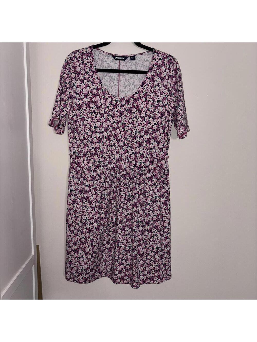 ✅Lands End Pink Ditzy Daisy Floral Stretch Casual Shirt Dress
